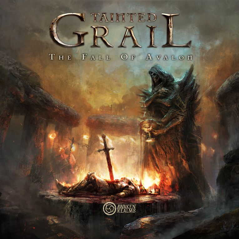 Box cover of Tainted Grail: Fall of Avalon boardgame by Awaken Realms